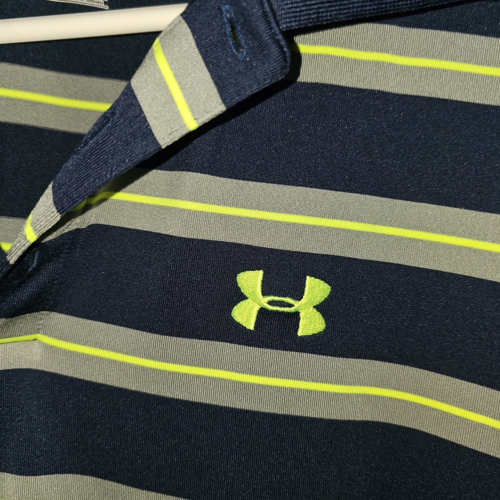 Under Armour Men's Navy and Green Striped Short-Sleeve Polo Shirt Size M - Picture 2 of 6